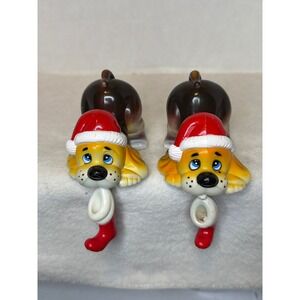 Vintage 1984 Gift Co Hard Plastic Hound Dog Stocking Holders Christmas Santa Hat